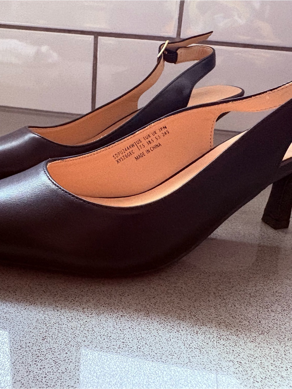 Black Leather Slingback Kitten Heel Pumps